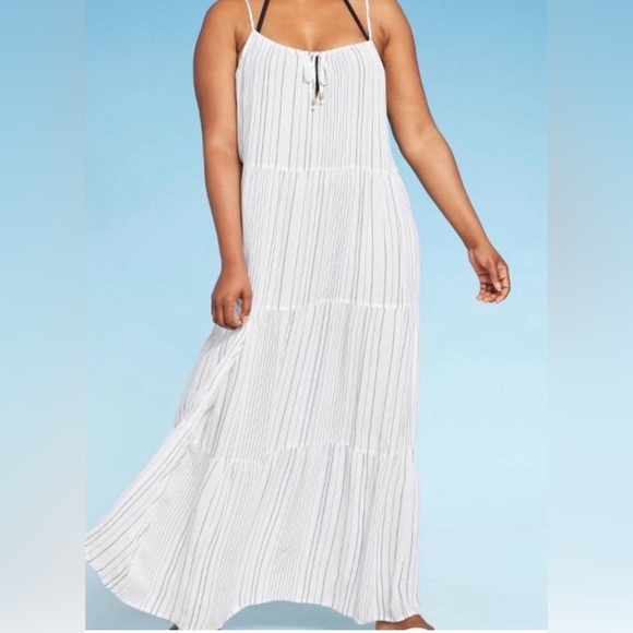 KONA SOL tiered maxi striped dress adjustable spaghetti straps beach NEW size XL - Picture 1 of 12
